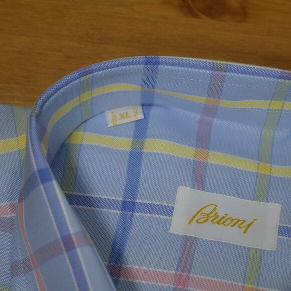$950 NEW BRIONI DRESS SHIRT BLUE SALMON PINK PLAID CHECK HAND MADE XL 43 17 - Picture 8 of 11